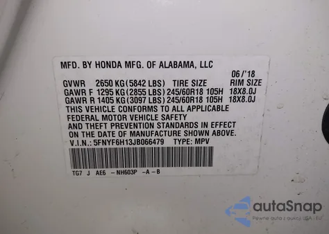 2018 Honda Pilot Lx z USA, uszkodzony, nr VIN 5FNYF6H13JB066479